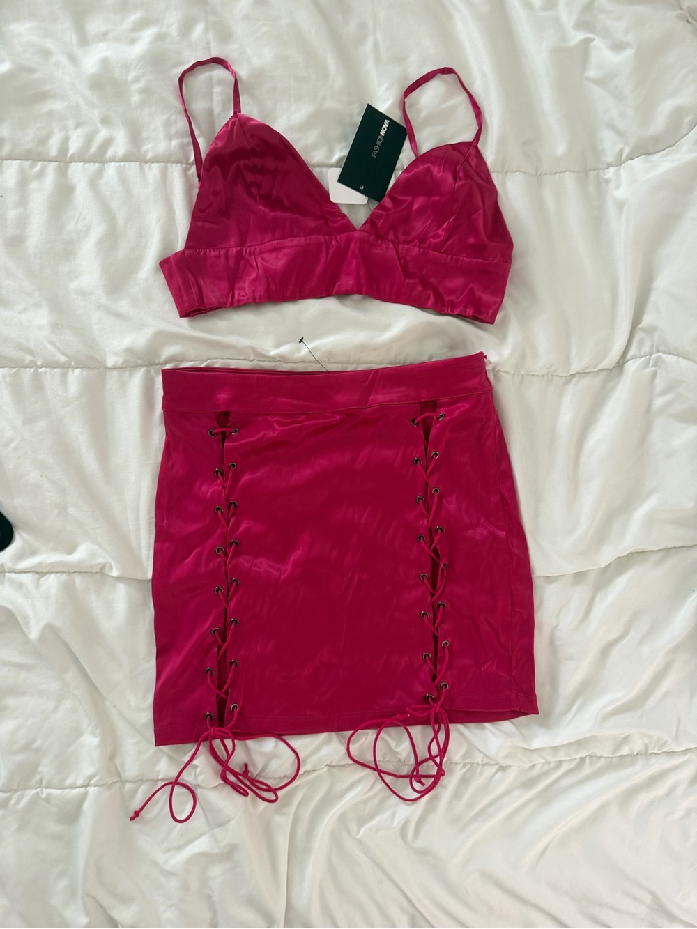 Fashion Nova Hot Pink Lace-Up Satin Mini Skirt
